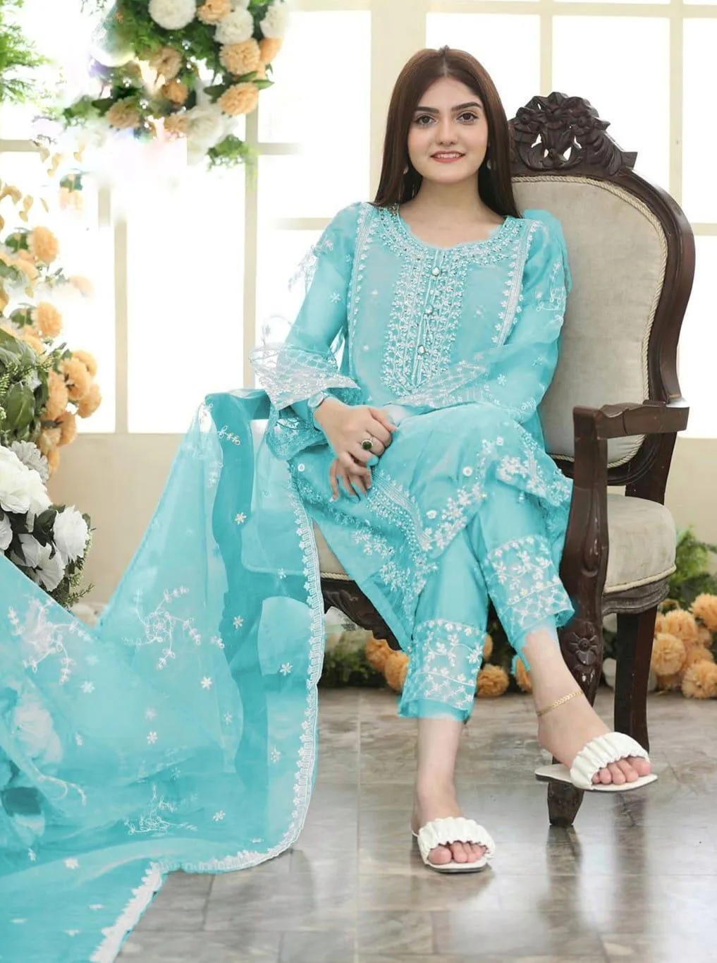 Blue Organza Embroidered 3-Piece Women Suit
