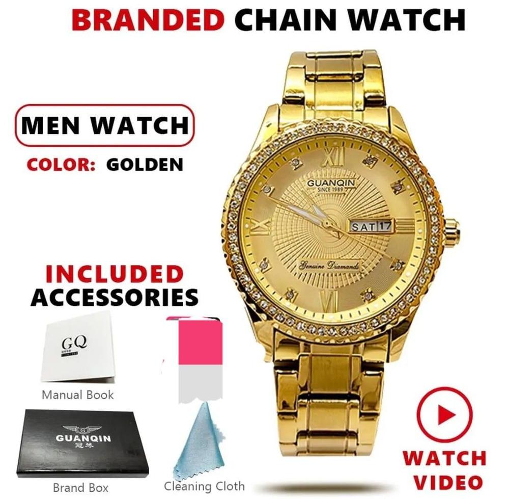 Golden Stainless Steel Men's Watch with Diamond Bezel