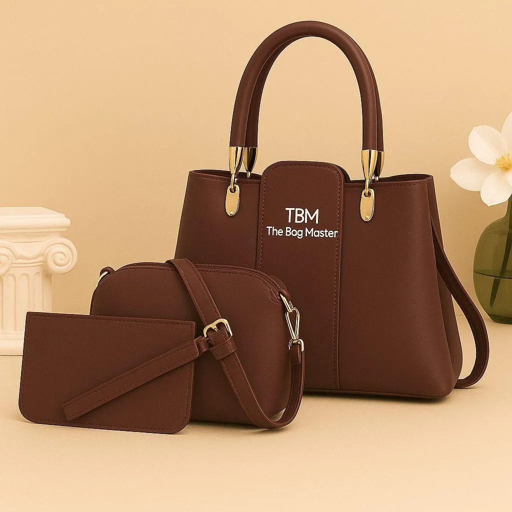 Women's Rexine 3-Piece Handbag Set Brown