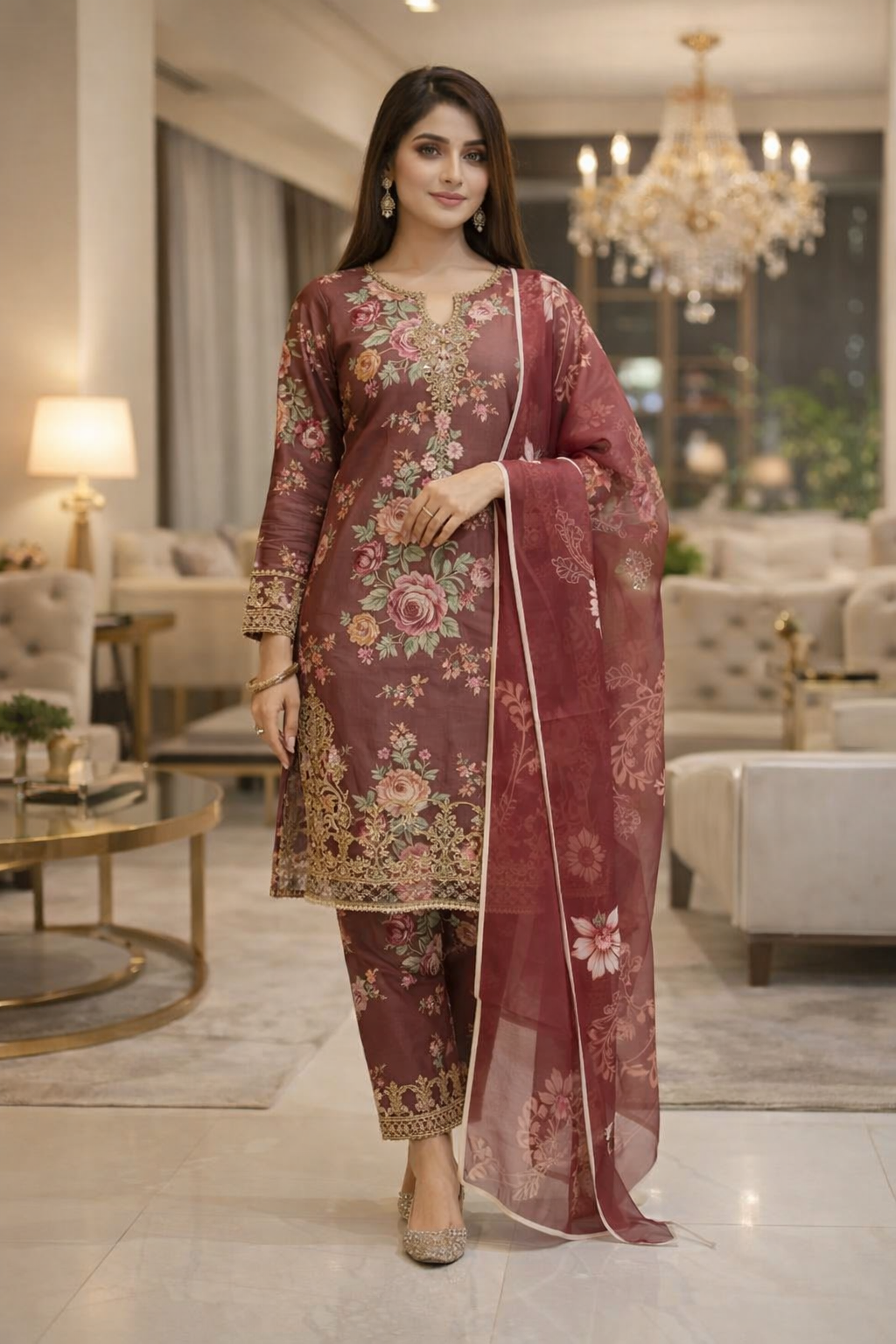 Maroon Printed Crinkle Chiffon 3Pcs Women Suit Eid 2026