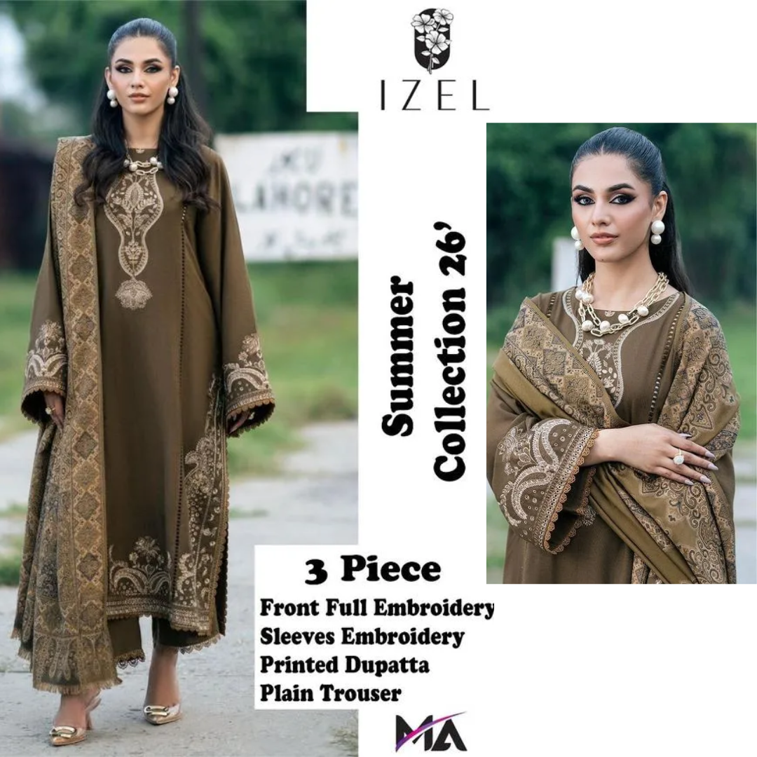 3 Piece Embroidered Lawn Suit Green Summer Collection (Unstitched)